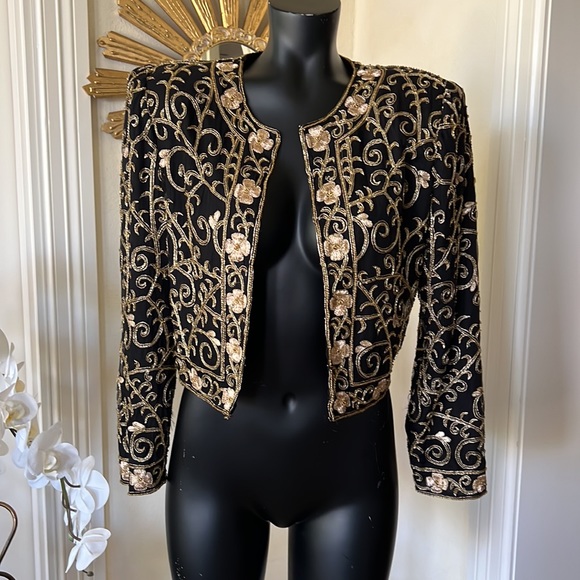 Black and gold silk beaded cropped jacket - Picture 3 of 5